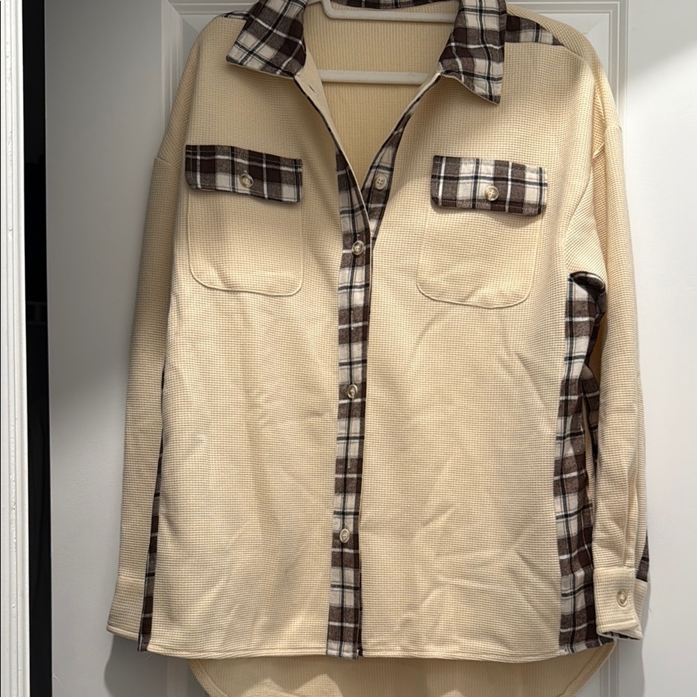 Cream and Brown Button Down Shirt with Western Flair